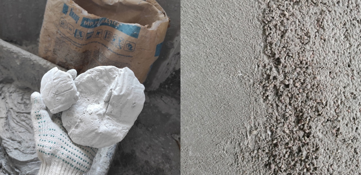 На первом фото комки из-за попадания влаги, на втором — слишком крупная структура цементной штукатурки (брак).